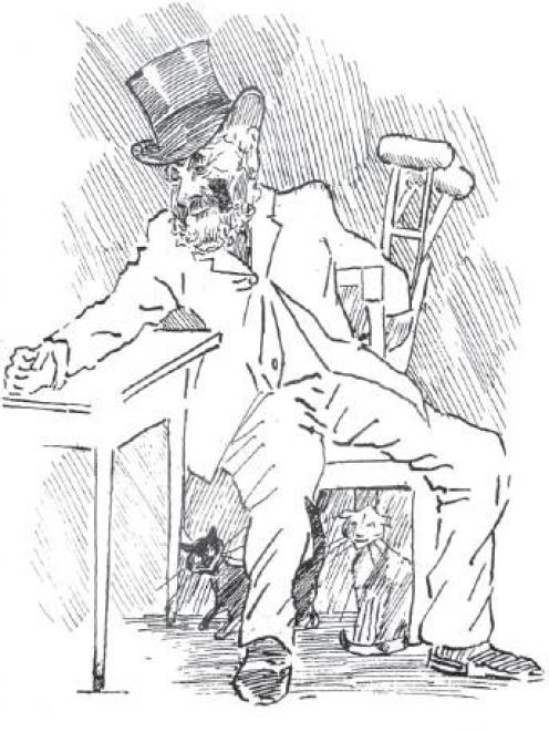Jock Graham in old age, with crutches and cats, drawn by Fred Rayner in 1893. IMAGE: HOCKEN...