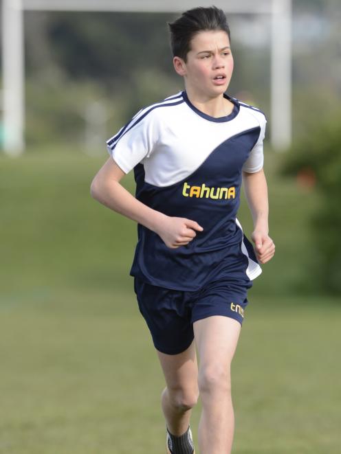 Tahuna Intermediate's Joe Parkinson on his way to winning the year 7 and 8 boys race, notching his fourth consecutive title. Photo: Gerard O'Brien