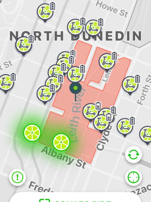A screenshot image of the zone around the University of Otago campus where scooter users are not allowed to park. Photo: Otago Daily Times