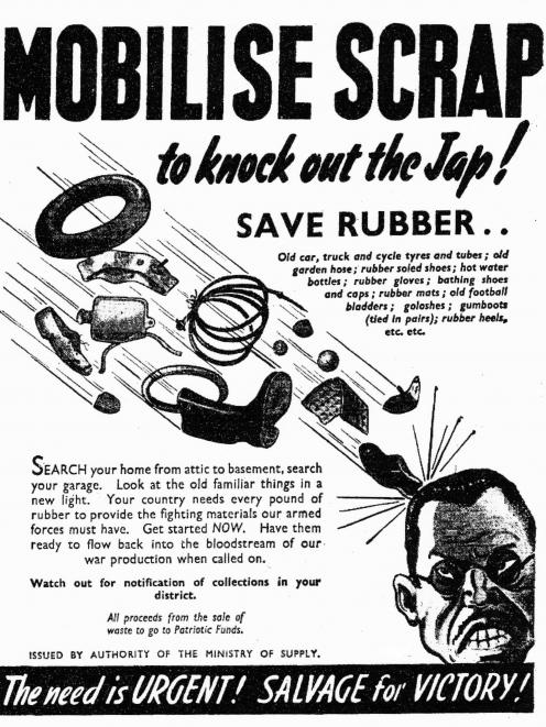 Rubber recycling promoted in an advertisement by the Ministry of Supply in The Press, November 1942. Photo: supplied