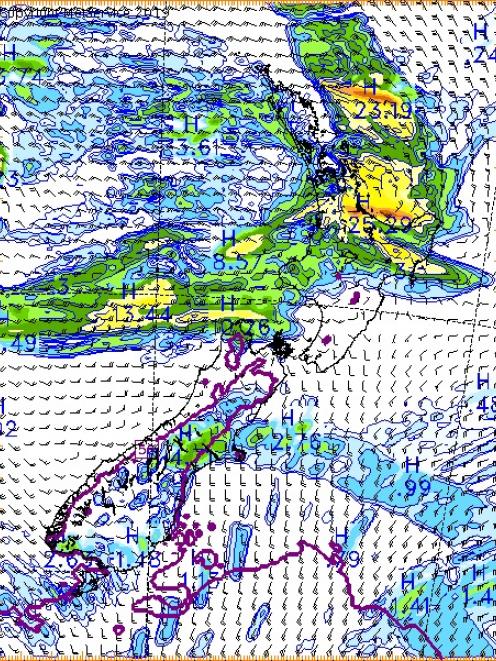 The weather forecast map for Sunday at 9am. The thick purple line predicts the precipitation in the area is likely to fall as snow. Image: Metservice
