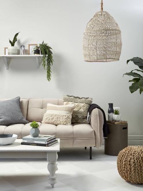 Tranquil, peaceful, this pale lounge shows off cosy textiles and boho-style natural weaves. Pink...