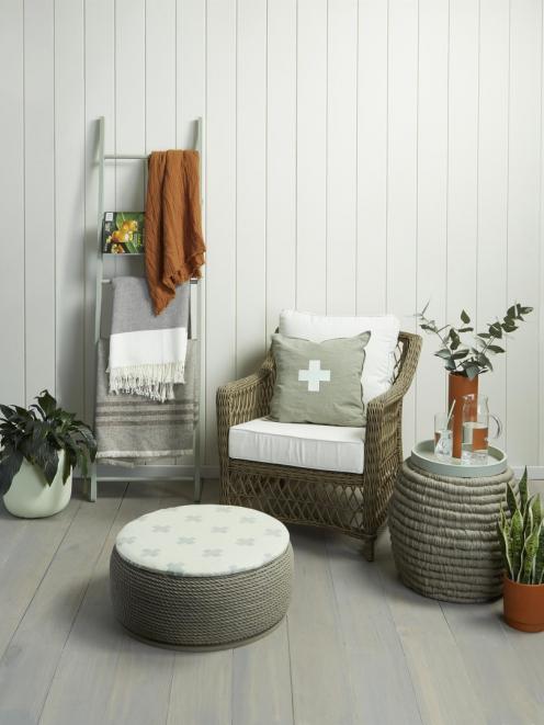Wall in Resene Half Villa White, decking in Resene Woodsman Mid Greywash, ottoman base in Resene...