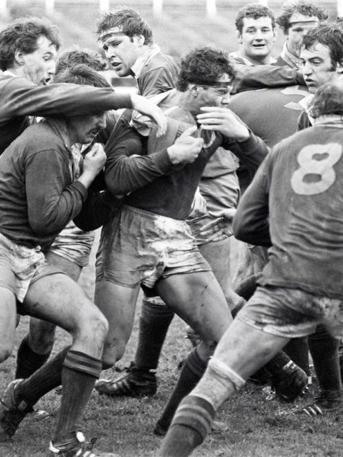 Otago player Mark Hudson carries the ball during the 1981 game against the Springboks at...