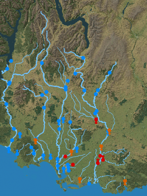 Marked in red are the areas where rivers have higher than normal levels due to snowmelt. Photo: Environment Southland