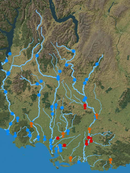 Marked in red are the areas where rivers have higher than normal levels due to snowmelt. Photo: Environment Southland Marked in red are the areas where rivers have higher than normal levels due to snowmelt. Photo: Environment Southland