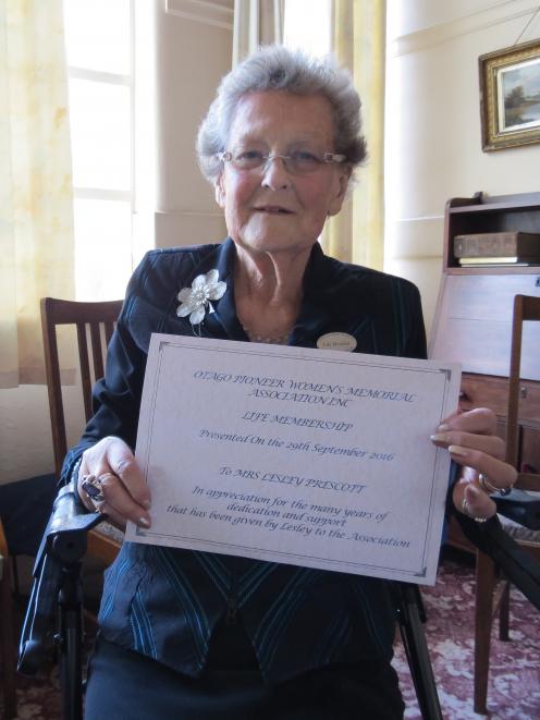 Lesley Prescott with her honorary life membership certificate to the Pioneer Women’s Memorial...