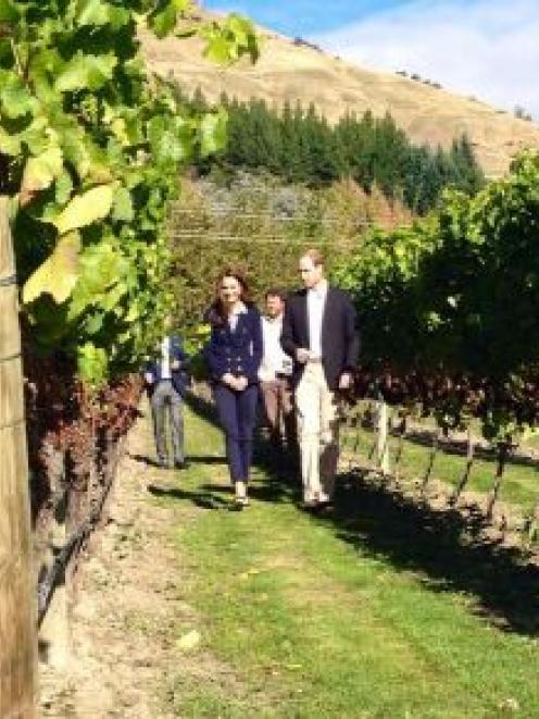 The royal couple stroll through the vines at Amisfield Winery.   Photo NZ Governor General