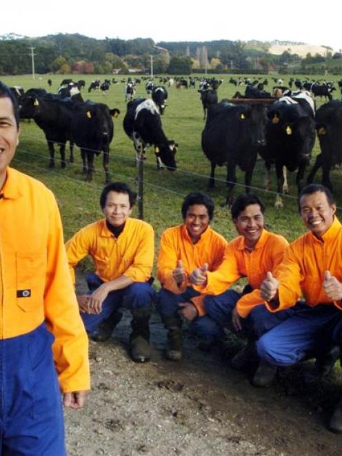 Six of the seven Filipinos who work on Greg and Kelly Kirkwood's North Otago dairy farm are (from...