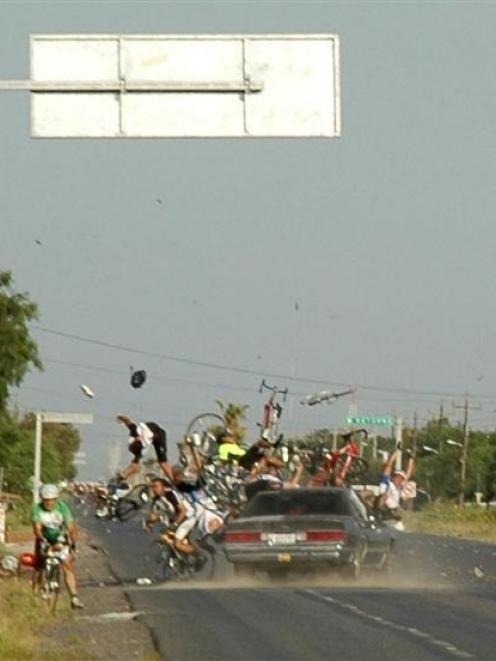 A car collides into cyclists participating in a race in Mexico's northern border city of...