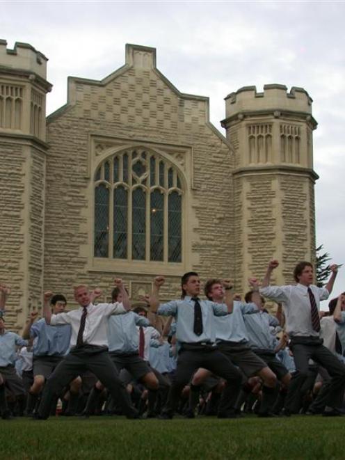 Senior Waitaki Boys pupils perform a haka outside the Hall of Memories yesterday. Photo by David...