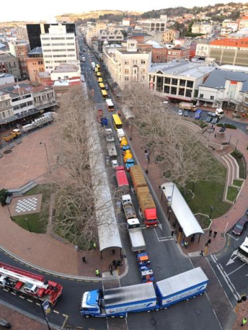 Traffic comes to a standstill in Dunedin's CBD yesterday morning when about 110 trucks clog the...