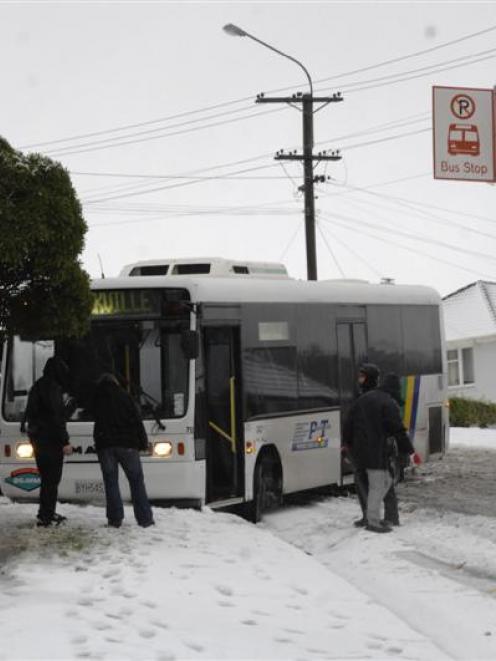 A Passenger Transport bus which skidded in the snow on Brockville Rd, Dunedin, on Saturday...