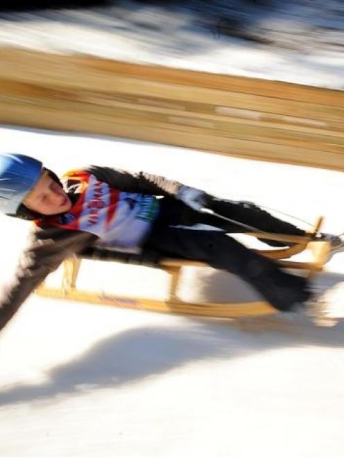 Josh Fogo (10), of Naseby, takes a sharp turn during a Luge training camp at Naseby on Wednesday....