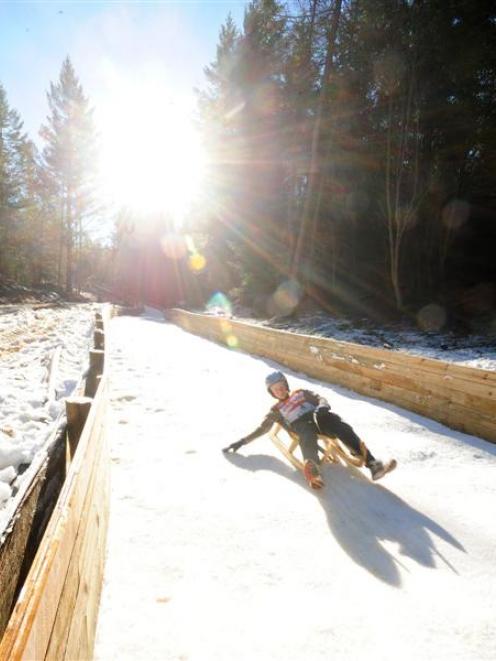 Josh Fogo (10) of Naseby learns how to slide during a luge training camp at Naseby on Wednesday....