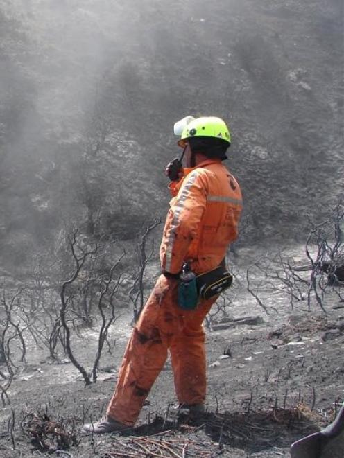 Doc Wakatipu Area fire manager Mark Mawhinney directed rural firefighters in using a heavy foam...