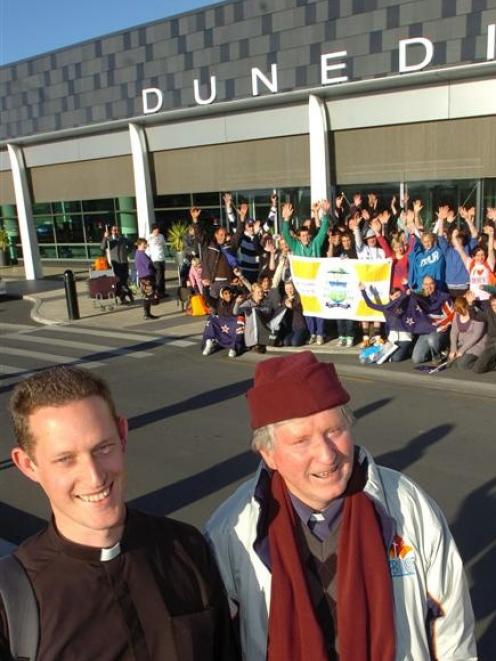 Fr Vaughan Leslie (left) and the Bishop of Dunedin, the Most Rev Colin Campbell with some of the...