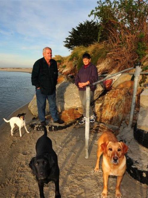 Bruce and Ruth McLean with their dogs (from left) Hope, Meg and Pip beside their recently...