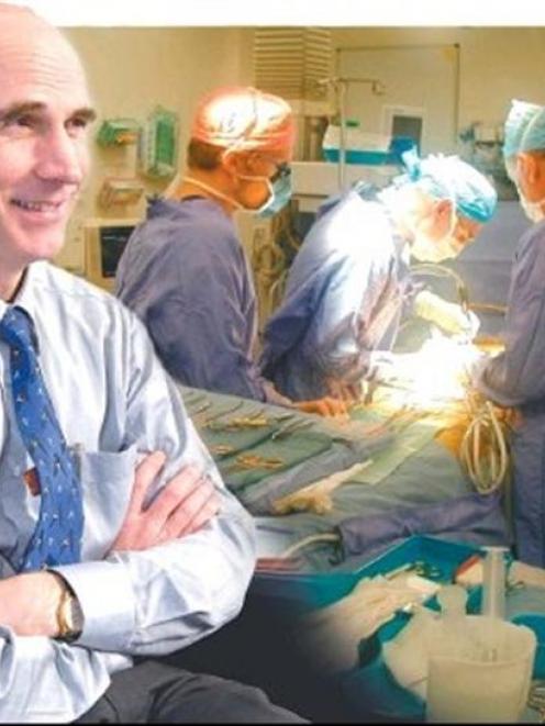 Prof John McCall sits in his office at Dunedin Hospital and (centre) performs a live-donor liver...