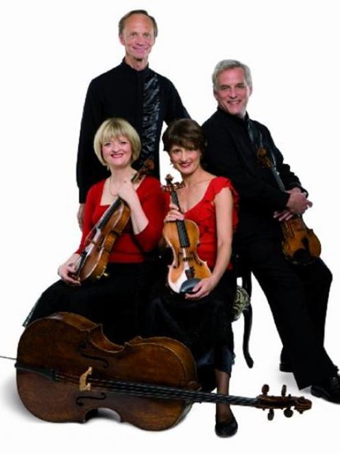 (Clockwise from top left) Rolf Gjelsten cello, Douglas Beilman violin, Helene Pohl violin, and...