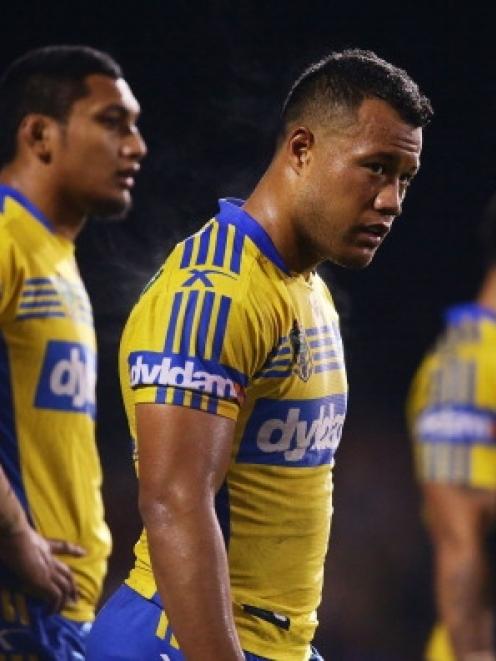 Joseph Paulo of the Eels looks dejected after a Panthers try during the round 12 NRL match...