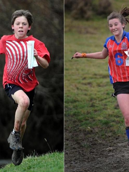 (Left) Malachi Buschl (11), of Outram School, competes in the national schools orienteering...