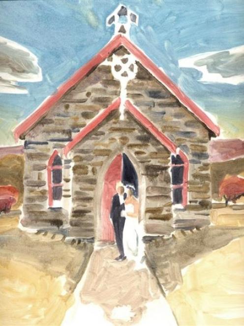 'Manu and Kim in front of church', by Pauline Bellamy