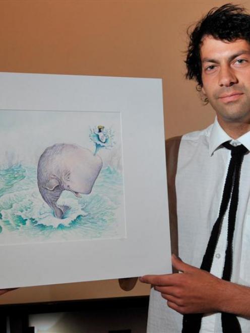 ''Oil on Canvas'' co-ordinator Ted Whitaker prepares to hang The Adventures of Sydney Penguin...