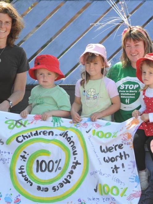 Protesting the Government's budget cuts to early childhood education are (from left) Dunedin...