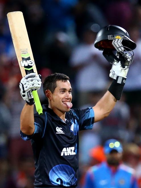 Ross Taylor celebrates his century during game four of the one day international series between...