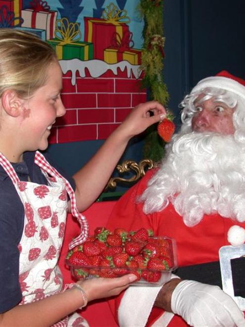 Santa Claus is surprised with a strawberry treat from  Toni Butler-Baird  at the 2010  Waimate...