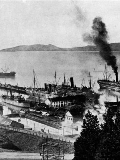 A big day for shipping at Port Chalmers on May 27, 1915. From left, the ships are: Tahiti, in...