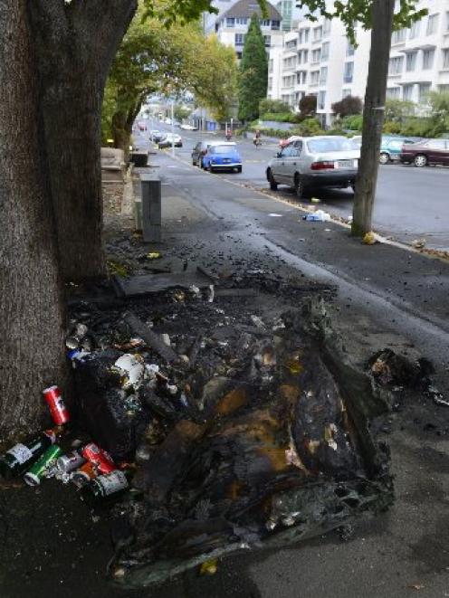 A burnt wheelie bin lies against a tree on Clyde St yesterday. Photo by Peter McIntosh