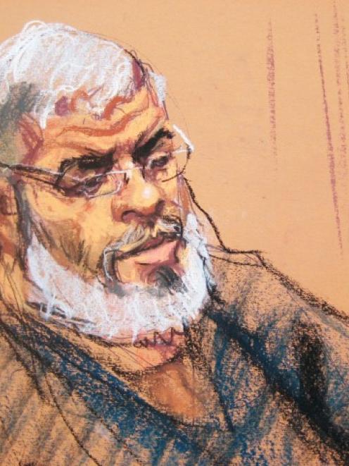 A courtroom sketch shows Abu Hamza al-Masri appearing in US District court in Manhattan, New York...