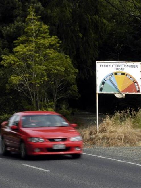 A Dunedin City Council sign on Three Mile Hill Rd indicates the fire risk was moderate yesterday....