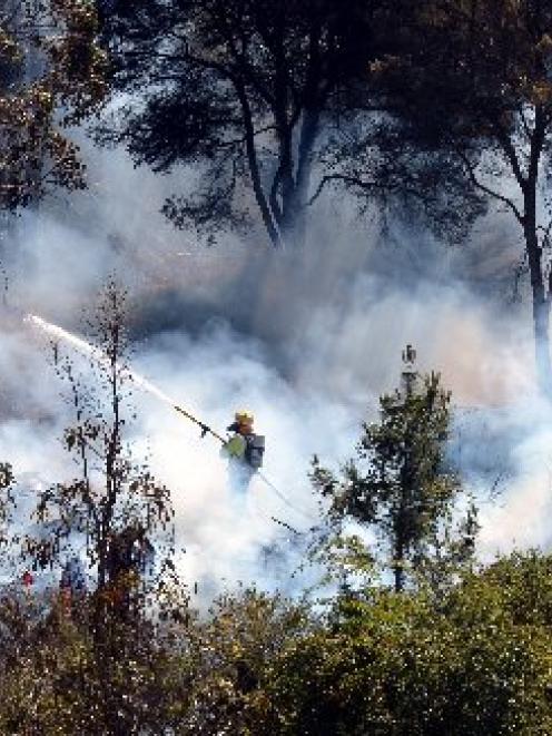 A firefighter helps put out a blaze near Merton yesterday. Photo by Stephen Jaquiery.