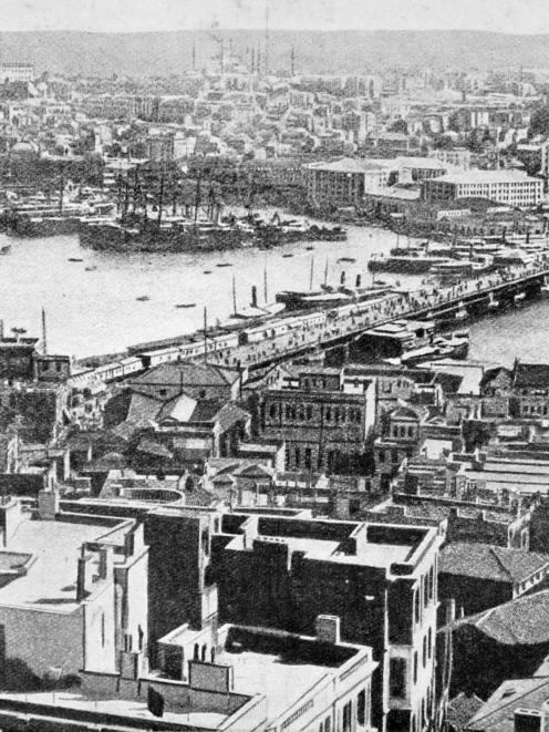 A general view of Constantinople, capital of the Turkish Empire, showing the Galata bridge. -...