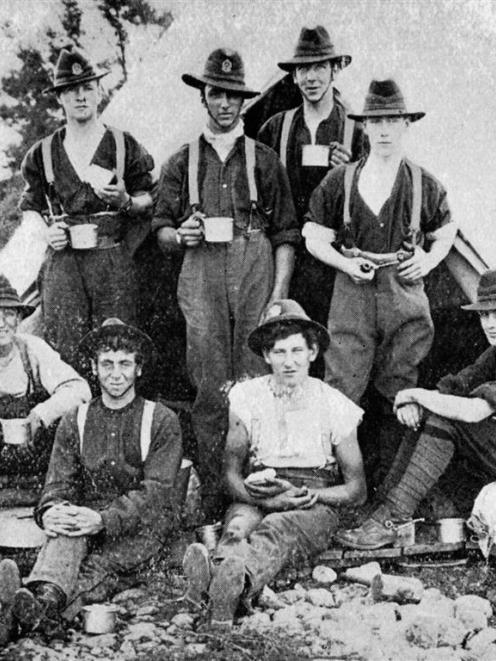 A group of Otago boys in Featherston camp. Back row (from left): Troopers J. Harrison, A. Miller,...