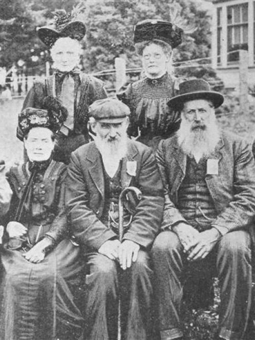 A group of pioneers who arrived in Otago before 1860, taken in 1910.  Back row: Mrs Begg and Mrs...