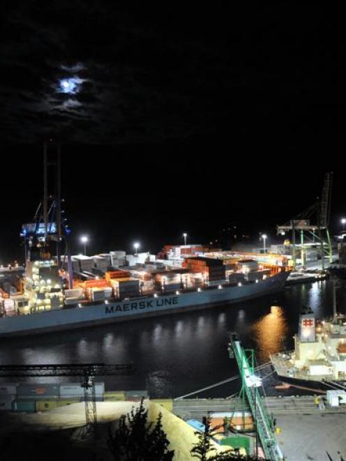 A Maersk Line ship being loaded at Port Otago last week. Photo by Stephen Jaquiery.