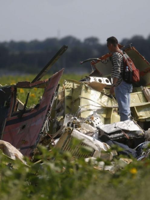 A Malaysian air crash investigator (right) inspects the crash site of Malaysia Airlines Flight...