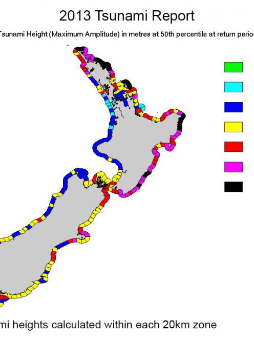 A map showing New Zealand's expected tsunami heights. Click to enlarge.