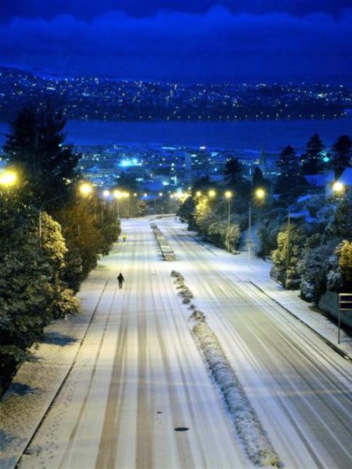 A nearly deserted Stuart St, Dunedin, after snow in the city in June last year. Photo by Stephen...