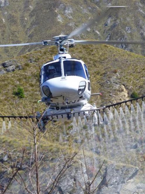 A Nokomai Helicopters aircraft uses American drift reduction nozzles on behalf of Doc Wakatipu on...