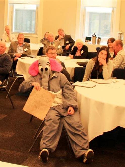 A person in costume takes a central seat in Shell's community engagement workshop in Dunedin this...