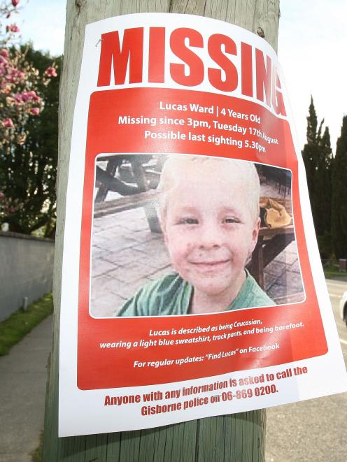 A poster distributed during the search for Lucas Ward (4) in Gisborne. Photo by NZPA.