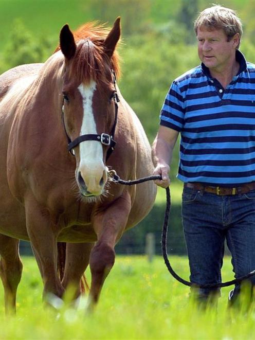 A pregnant Ears Carol and White Robe Lodge stud manager Wayne Stewart take a stroll at North...