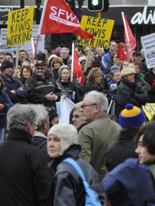 A recent rally in the Octagon to save jobs at Hillside Workshops in South Dunedin. Photo by...