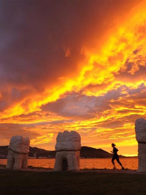 A runner at sunrise passes Dunedin's Harbour Mouth Molars, public art that  prompted a "political...