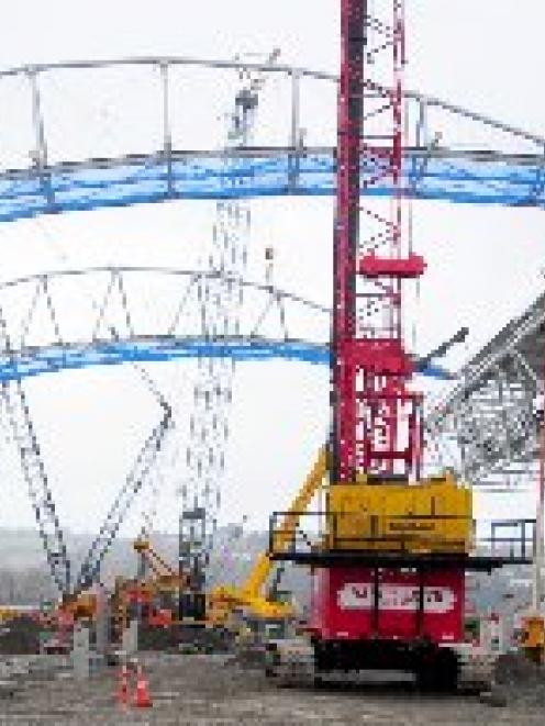 A second roof truss is lifted into place at the Forsyth Barr Stadium earlier this month. Photo by...